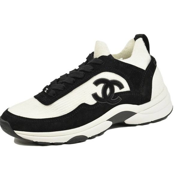 CHANEL Shoes Authentic Chanel Womens White Black Knit Fabricsuede